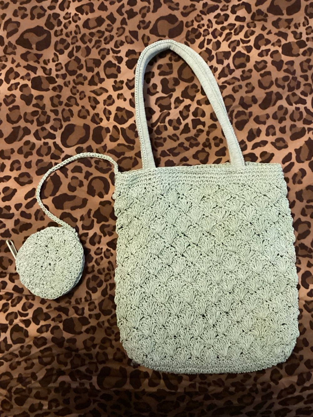 Mint Crochet Tote Bag with attached Coin Purse